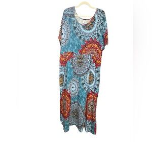Bohemian Mandala Blue and Red Short Sleeve Maxi Dress with Pockets size 5X